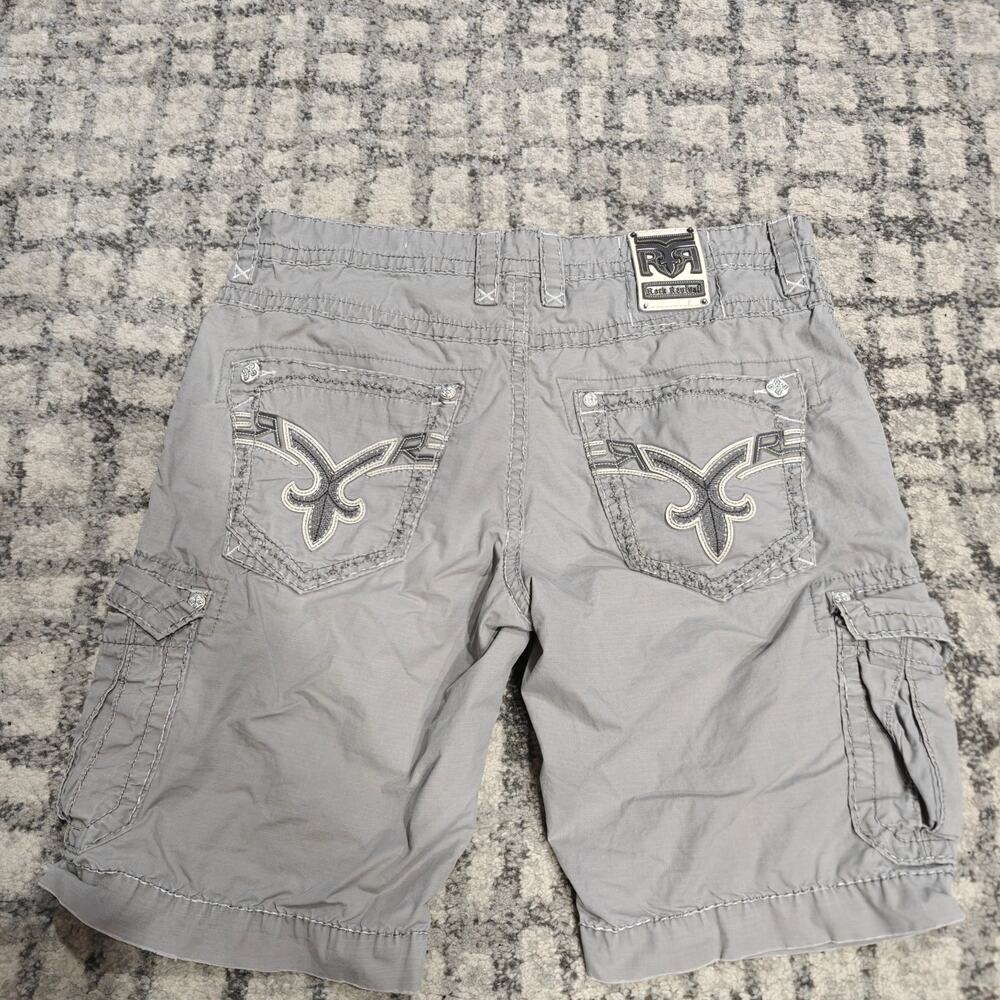 Rock Revival Mens Cargo Shorts Grey Embroidered Y2K Thick Stitch Size 40 x 11
